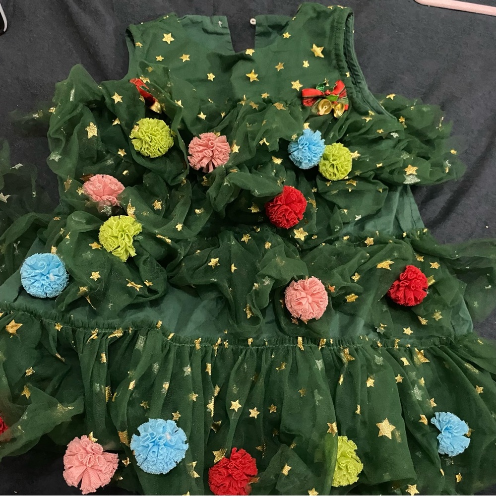 Green Star Tulle Costume Dress with Colorful Pom-Poms